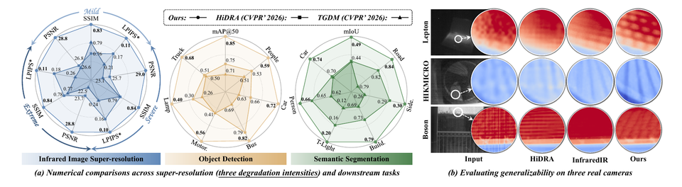 Performance comparisons for physics-informed thermal infrared image super-resolution across degradations, perception tasks, and real cameras